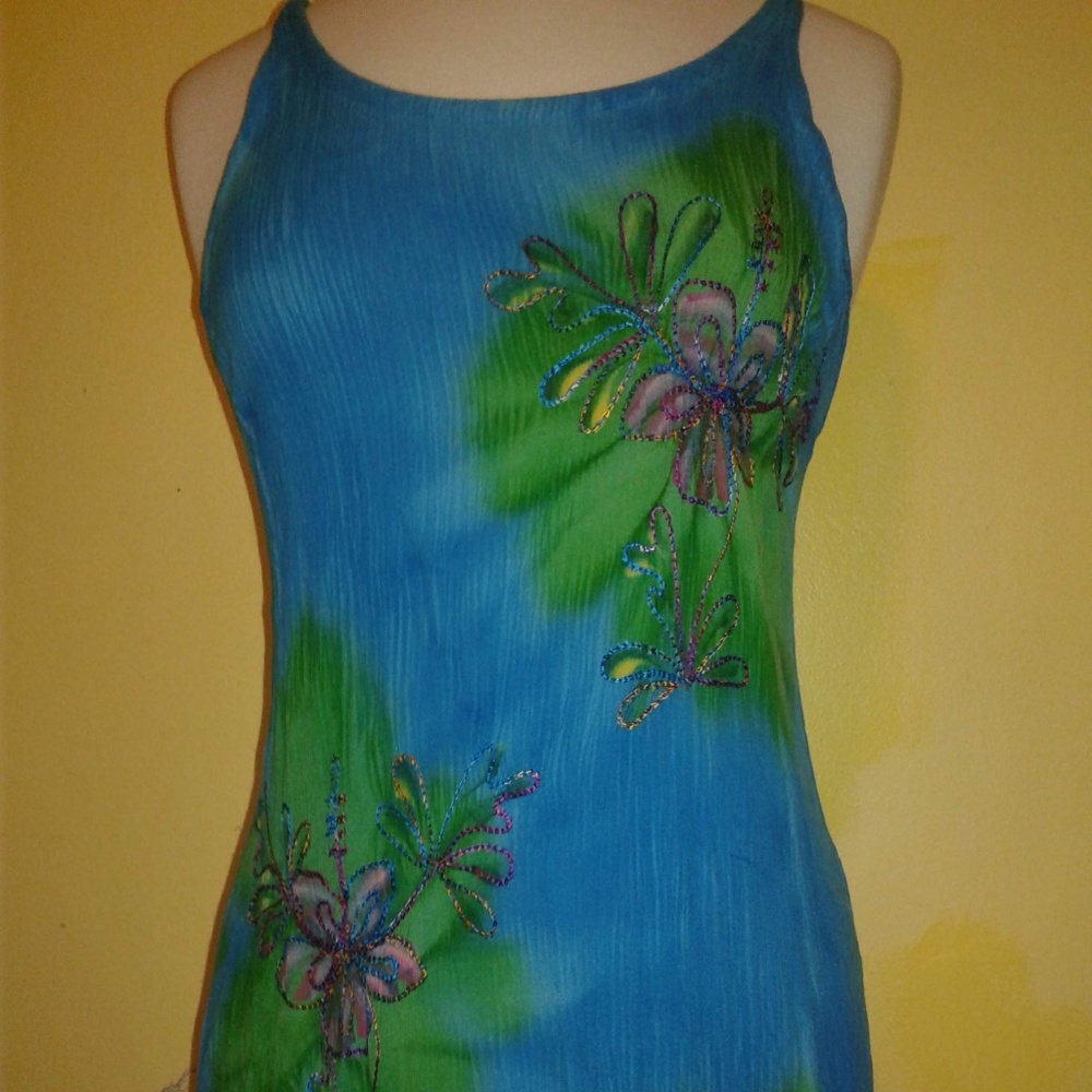 BRIGHT BLUE/GREEN EMBROIDERED FLORAL RAYON DRESS